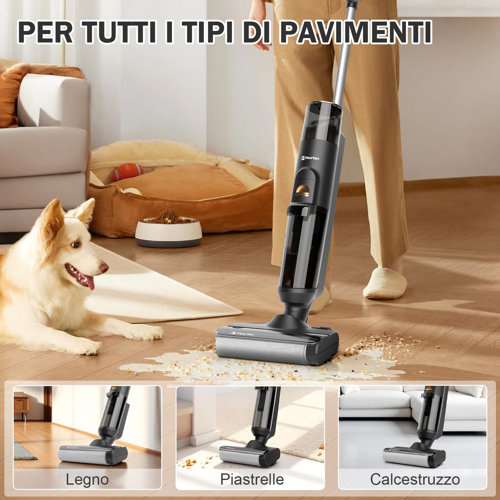 Hearten Lavapavimenti Senza Filo,Aspirapolvere Lavapavimenti Smart 3 in 1, Aspira e Lava, Auto-Pulente, Anti-Groviglio, Display LED – 0,7 mm, Regolazione Automatica, Per Peli Animali Scrubber