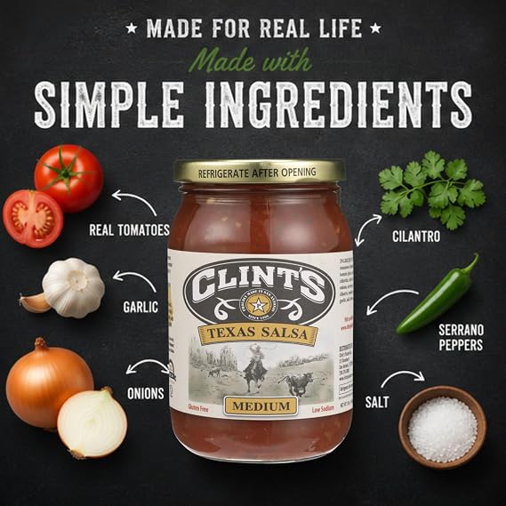 Clints Texas Salsa, Medium Heat, 16 oz Fresh Chunky Salsa with Bold Southwestern Flavor All Natural Dip & Cooking Salsa for Chips, Tacos, Nachos & Mexican Recipes [Pack of 3]