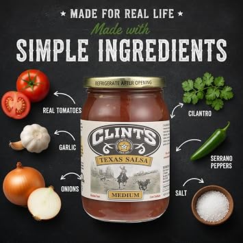 Clints Texas Salsa, Medium Heat, 16 oz Fresh Chunky Salsa with Bold Southwestern Flavor All Natural Dip & Cooking Salsa for Chips, Tacos, Nachos & Mexican Recipes [Pack of 3]
