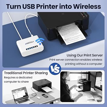 Wireless Print Server, Share a Printer to Multiple Computer with 1 Port USB2.0 Wide Compatibility Convert Printer to Wirelesss Support Ethernet WiFi Connect Network LK100W.