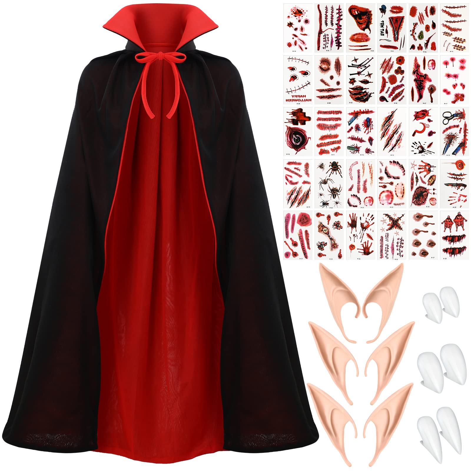 Hungdao Kid Halloween Vampire Costume Set with Reversible Cape Cloak and 30 Pieces Halloween Scar Tattoo 3 Pairs Elf Ears and Vampire Dentures for Cosplay Costume Halloween Theme Party