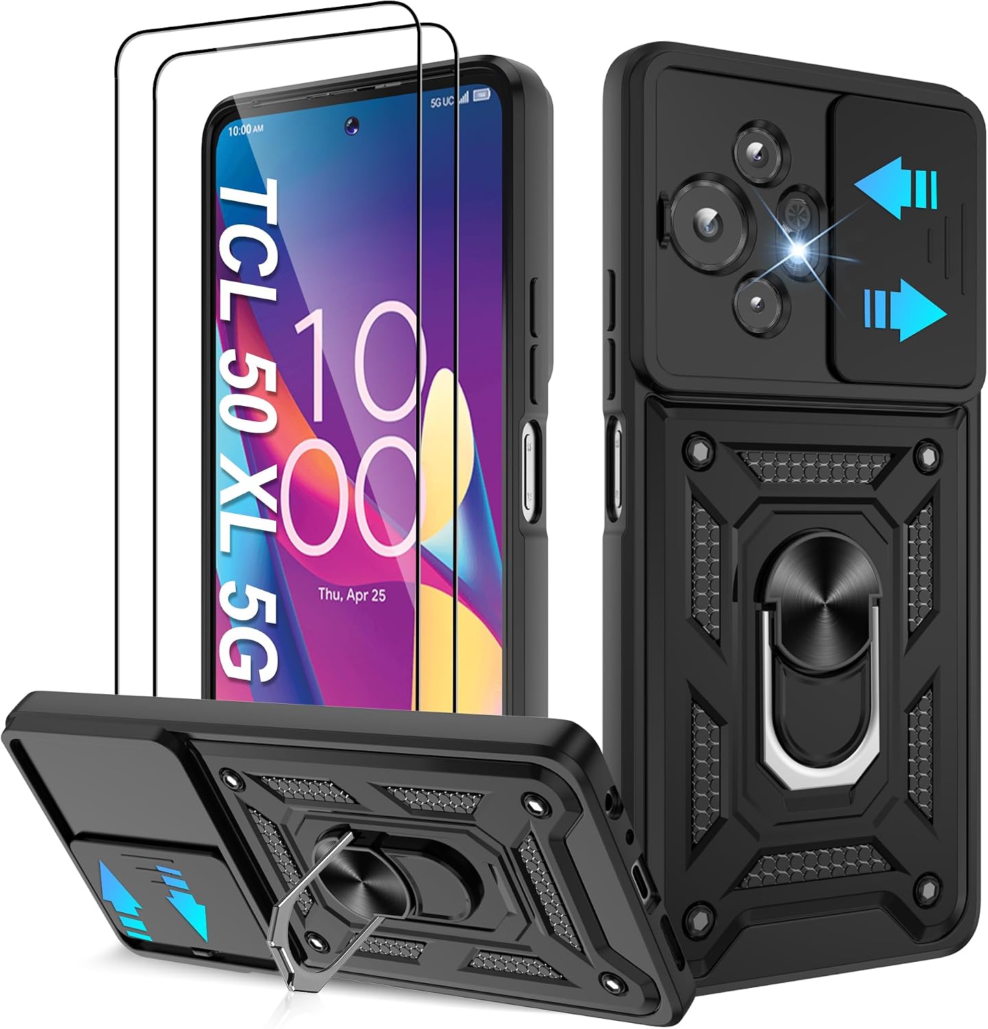 ATUMP for TCL 50 XL 5G Phone Case/TCL 60 XE NXTPAPER 5G with (2 Pcs) HD Screen Protector, Heavy Duty Shockproof with 360° Rotation Kickstand [Military Grade] Protective Case for TCL 50 XL, Black