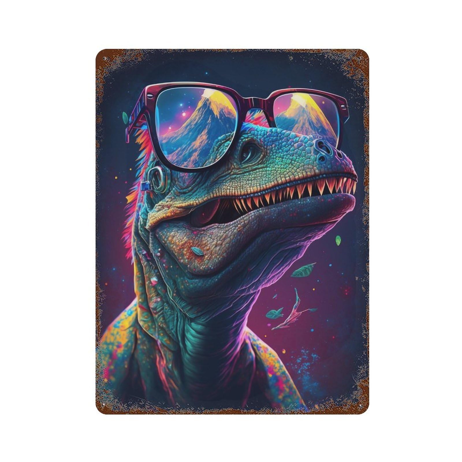 Colorful Dinosaur Sunglasses Art -1 Decorative Tin Sign 15.7"x11.8", Classic Wall Plaque for Garage, Pub Or Kitchen