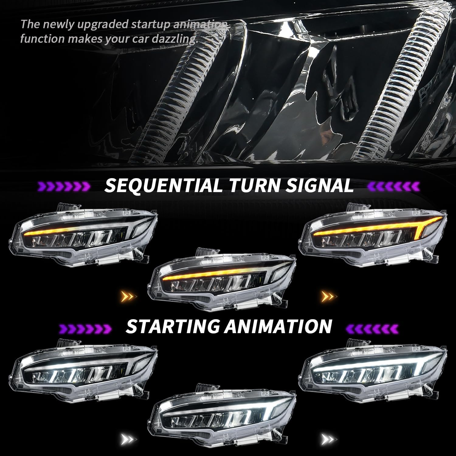 Archaic Headlights Assembly Compatible for 10th Gen Honda Civic 2016-2021,Projector Headlight w Sequential Turn Signal for Civic Sedan/Coupe/Hatchback,for EX/LX/Sport/Touring/Si/Type R, Pair