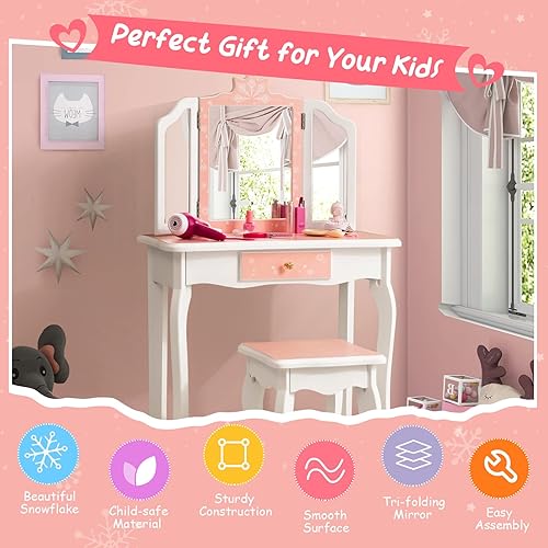 Miniatura 42 de Costzon Juego de mesa de tocador y silla para niños con espejo, taburete, cajón de almacenamiento, tocador de madera de princesa para niñas