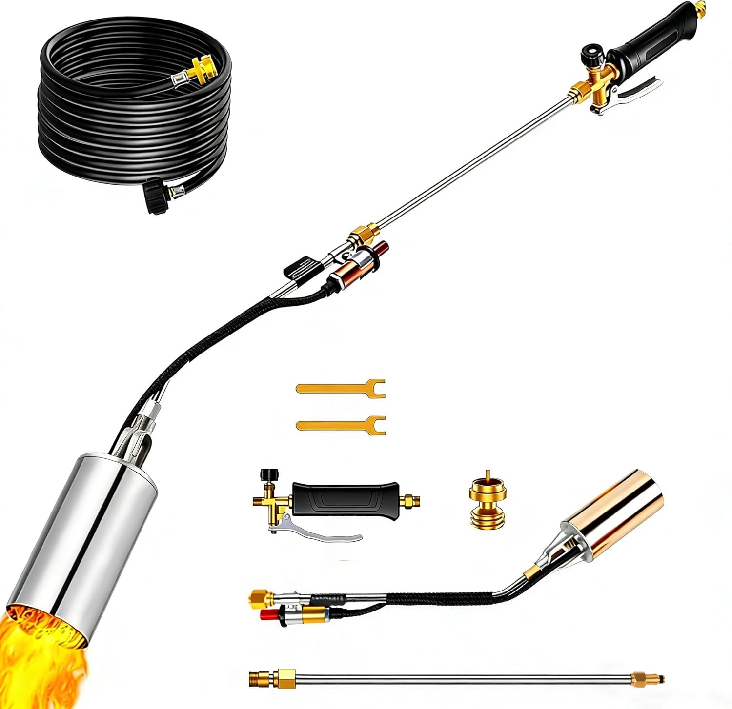 Propane Torch Weed Burner with Push Button Igniter, 10FT Hose & 500,000 BTU (Max 1.8M), Heavy Duty Detachable Blow Torch for Ice Melting, Roofing, Garden & Outdoor Use, Fits 5-40lb Propane Tanks