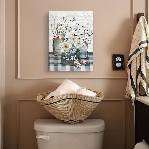 Miniatura 2 de Luslya Arte de pared rústico de algodón blanco con diseño de flores de algodón con texto en inglés "Just Breathe", pintura de baño, pósteres