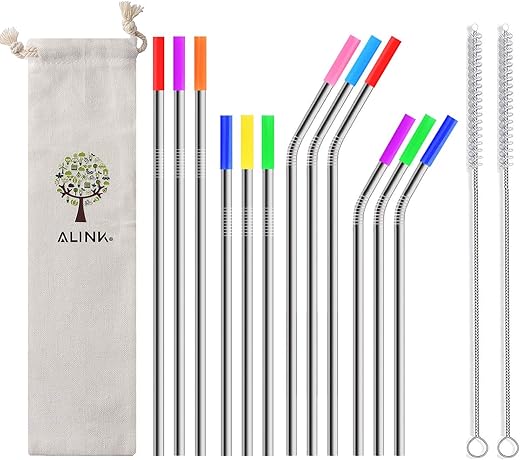 ALINK 12-Pack Stainless Steel Metal Straws with Silicone Tips, Long Reusable Drinking...