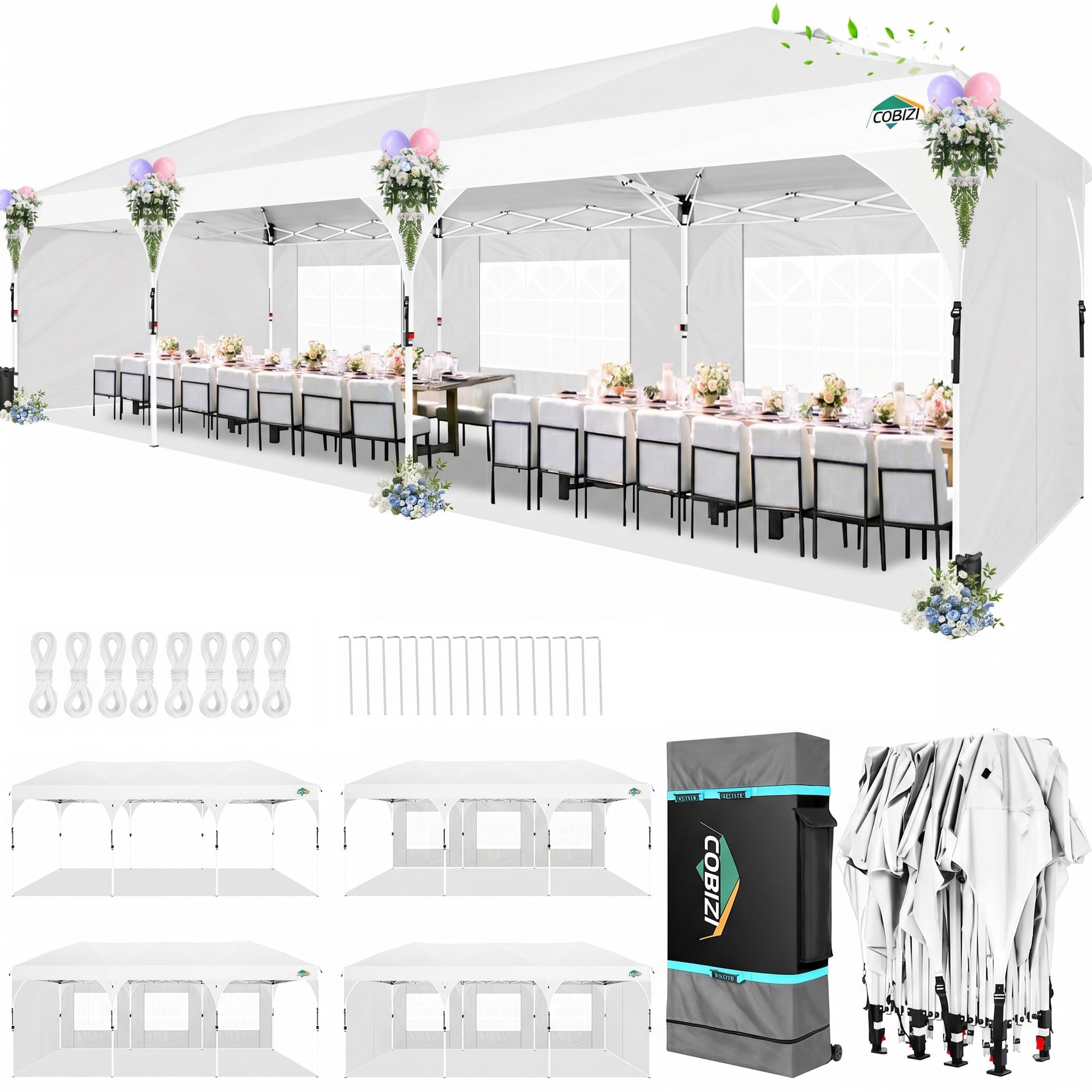 Photo 1 of COBIZI 10x30 Pop Up Canopy Tent with Patented Center-Lock, Easy Setup Party Tent with 5 Removable Sidewalls, Wheeled Bag, Ventilated Top, for Wedding Backyard Event, White