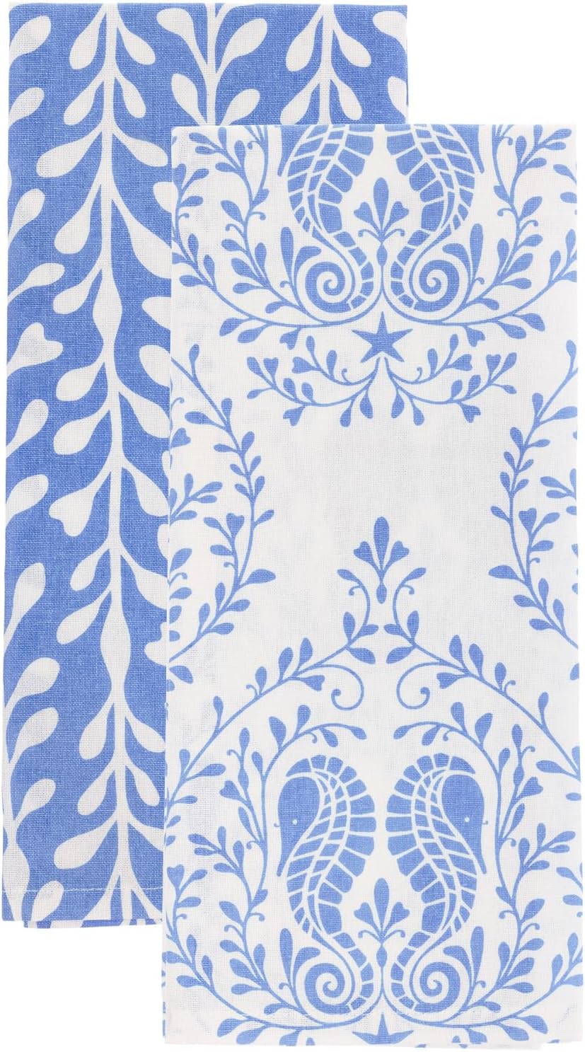 Boston International Dish Towel Set of Two Cotton Tea Towels, 28" x 18", Navy Whale
