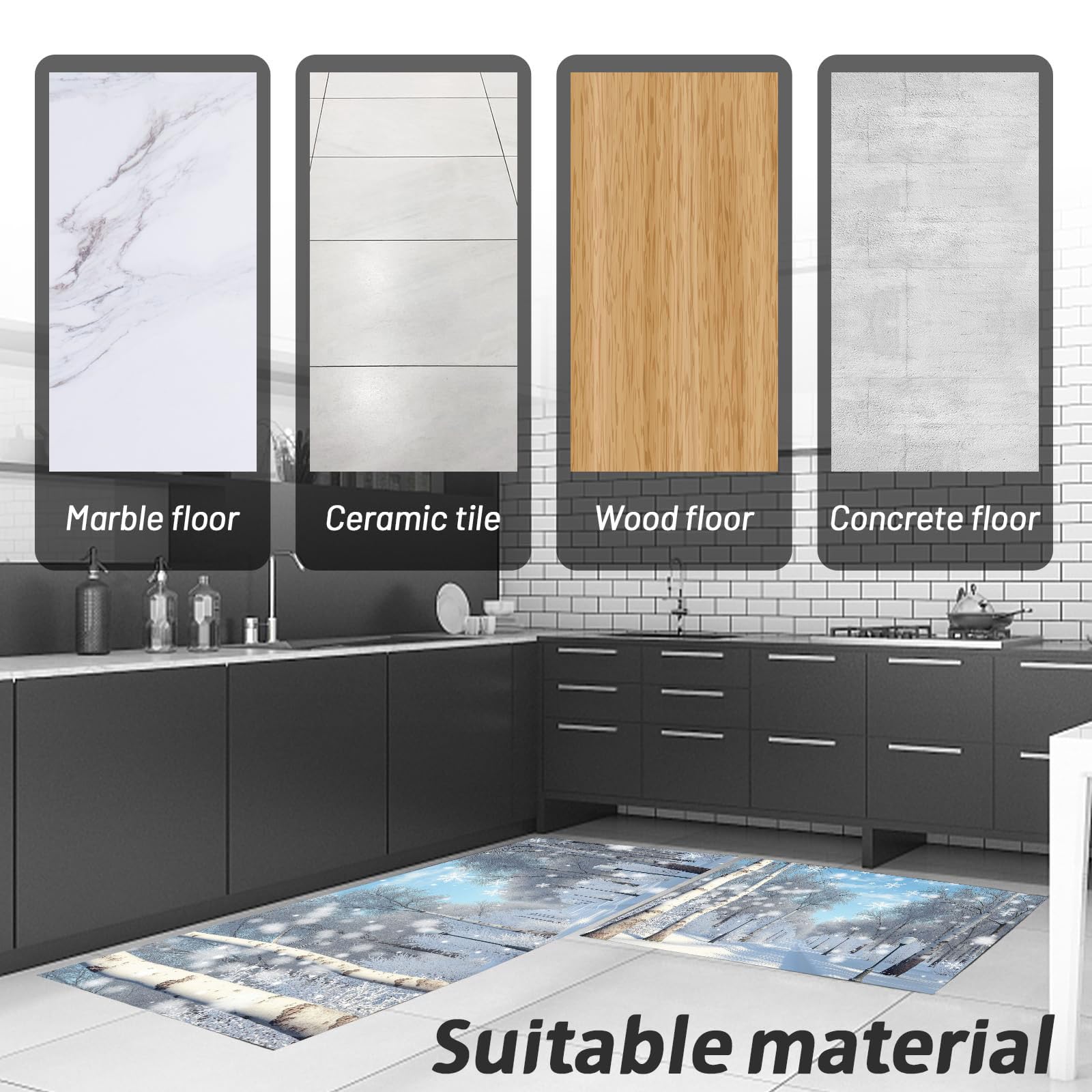Tappetini da cucina 2 pezzi, Tappeto Cucina Antiscivolo, Realismo invernale Foresta di betulle innevata Tappeti da Cucina, lavabile, Adatto per corridoi, cucine, bagni, 50x80+50x150cm, Bianco