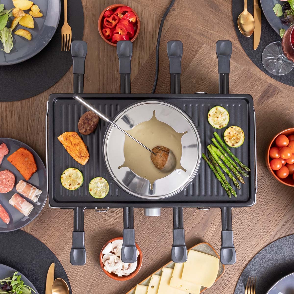 Raclette set voor 8 personen - grillplaat & stenen plaat anti-aanbak