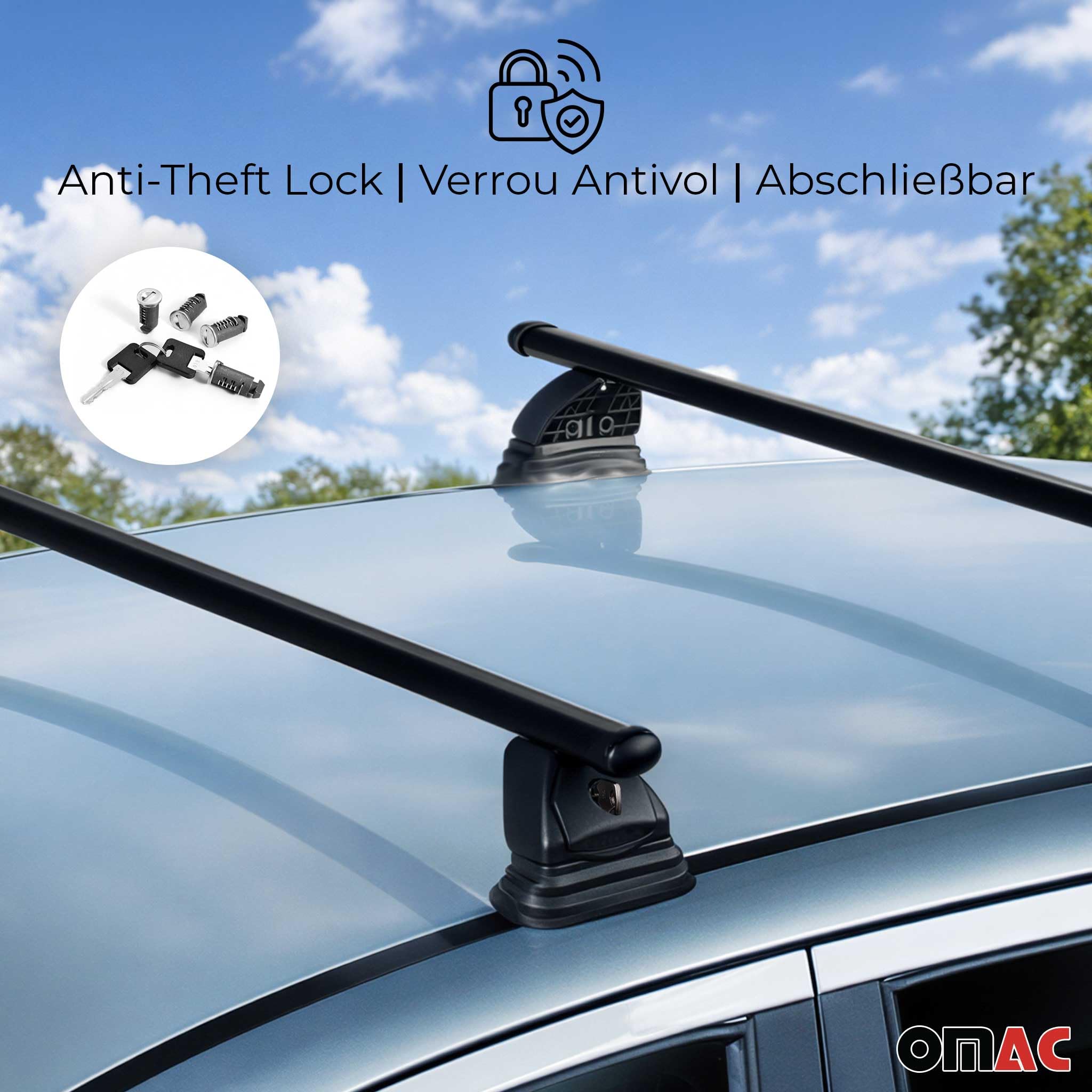 OMAC Stahl Dachträger Querträger Mercedes B Klasse W246 2012-2018 – TÜV/DIN 75302:2019 – Abschließbar – Max. 75 kg – 2 Stangen – Schwarz