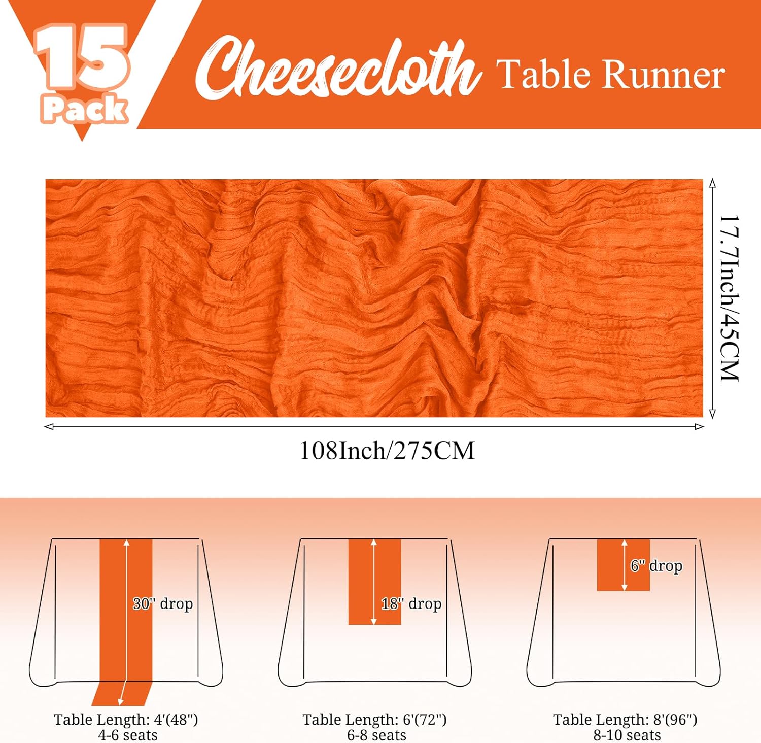 15 Pack Orange Fall Table Runner 17 x 108inch Cheesecloth Table Runner Boho Gauze Table Runners Rustic Sheer Fabric Cheese Cloth Table Runners for Wedding Party Bridal Shower Farmhouse Thanksgiving