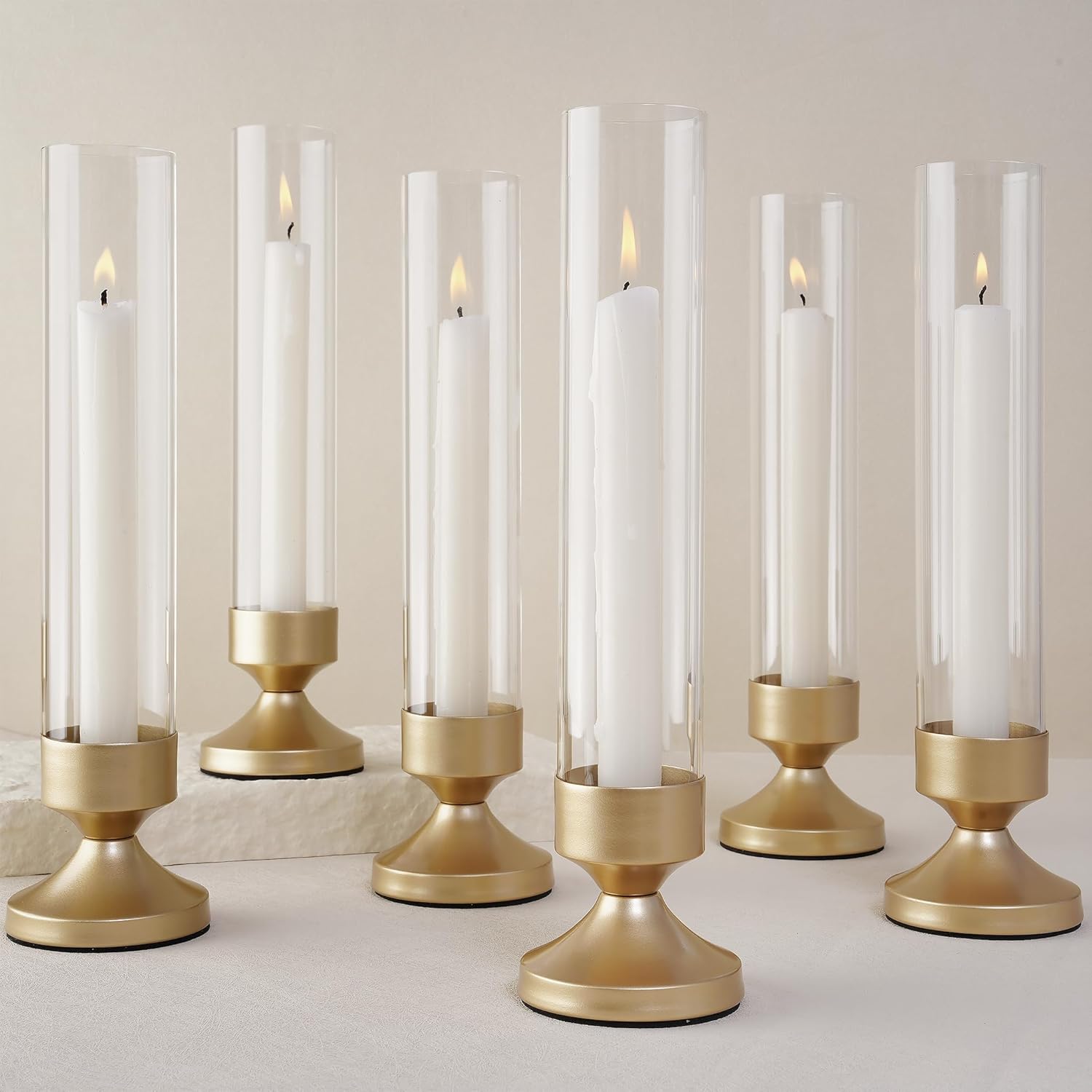Hurricane Glass Candle Holders, Set of 6 Metal Taper Candlesrick Holders for Centerpieces Tall Gold Candle Stands Bulk with Glass Cylinder for Wedding Birthday Party Table Decor