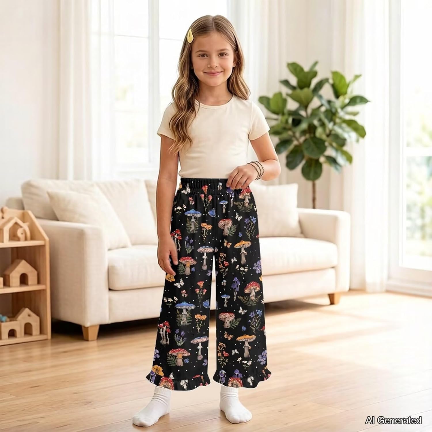 Wanyint Girls' Ruffle Pants Wide Leg Long Trousers Elastic Waist Loose Fit Trousers Dance Pants Outfits Playwear for 5-14 Y