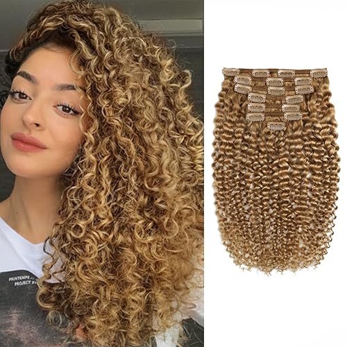 Loxxy Extensiones de cabello humano rizado con clip Jerry Curly #27 color rubio, 20 pulgadas, cabello Jerry Curly 3B y 3C, extensión de cabello