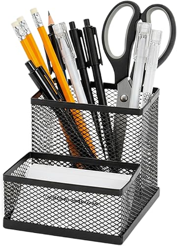 Soporte para bolígrafos y tarjetas de visita para escritorio, organizador de escritorio de malla negra, soporte para lápices de escritorio