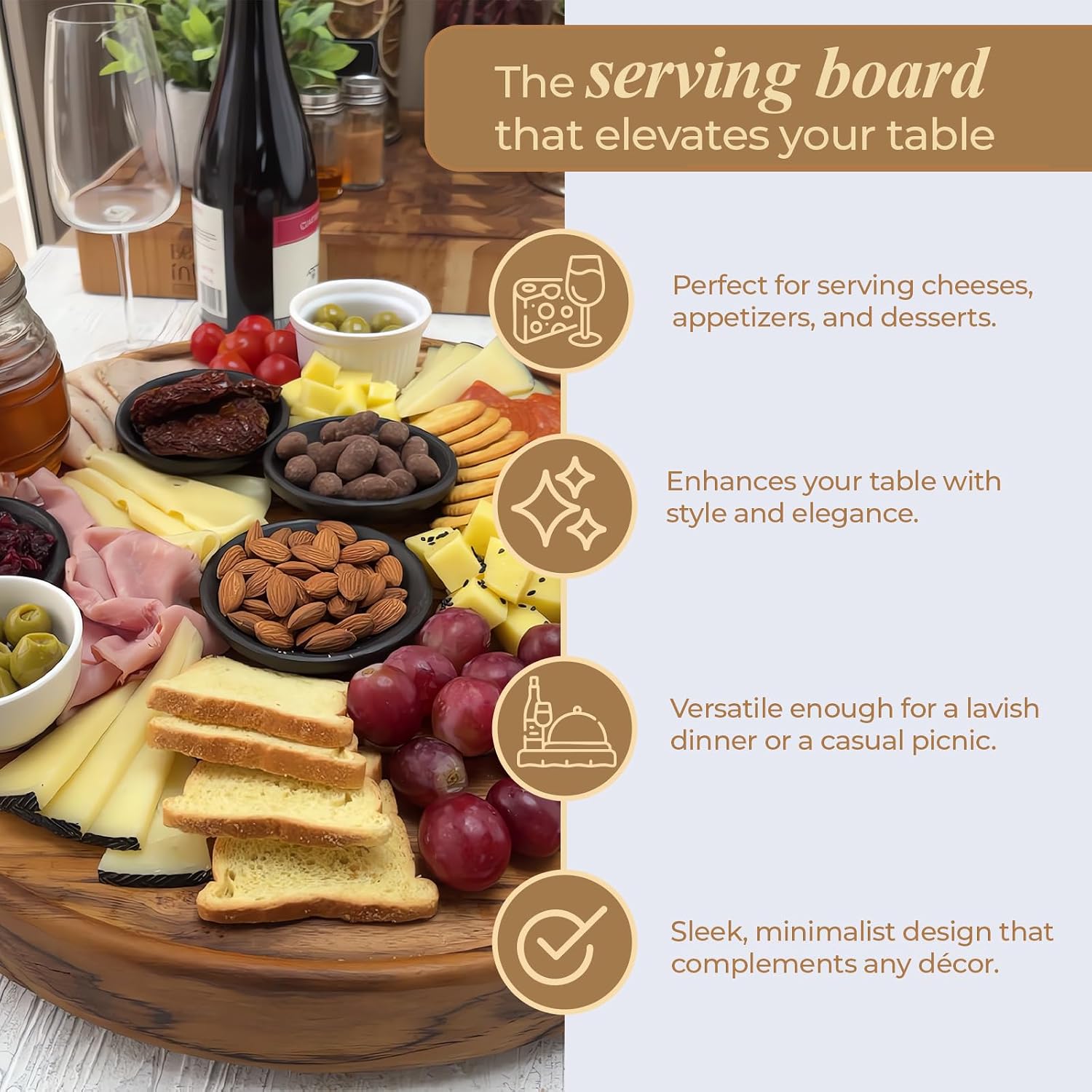 End Grain Rotating Serving Board – Premium Teak Charcuterie Board with Smooth 360° Rotation - Wooden Boards Ideal for Cheese, Appetizers, & Kitchenware - 17"x 2"