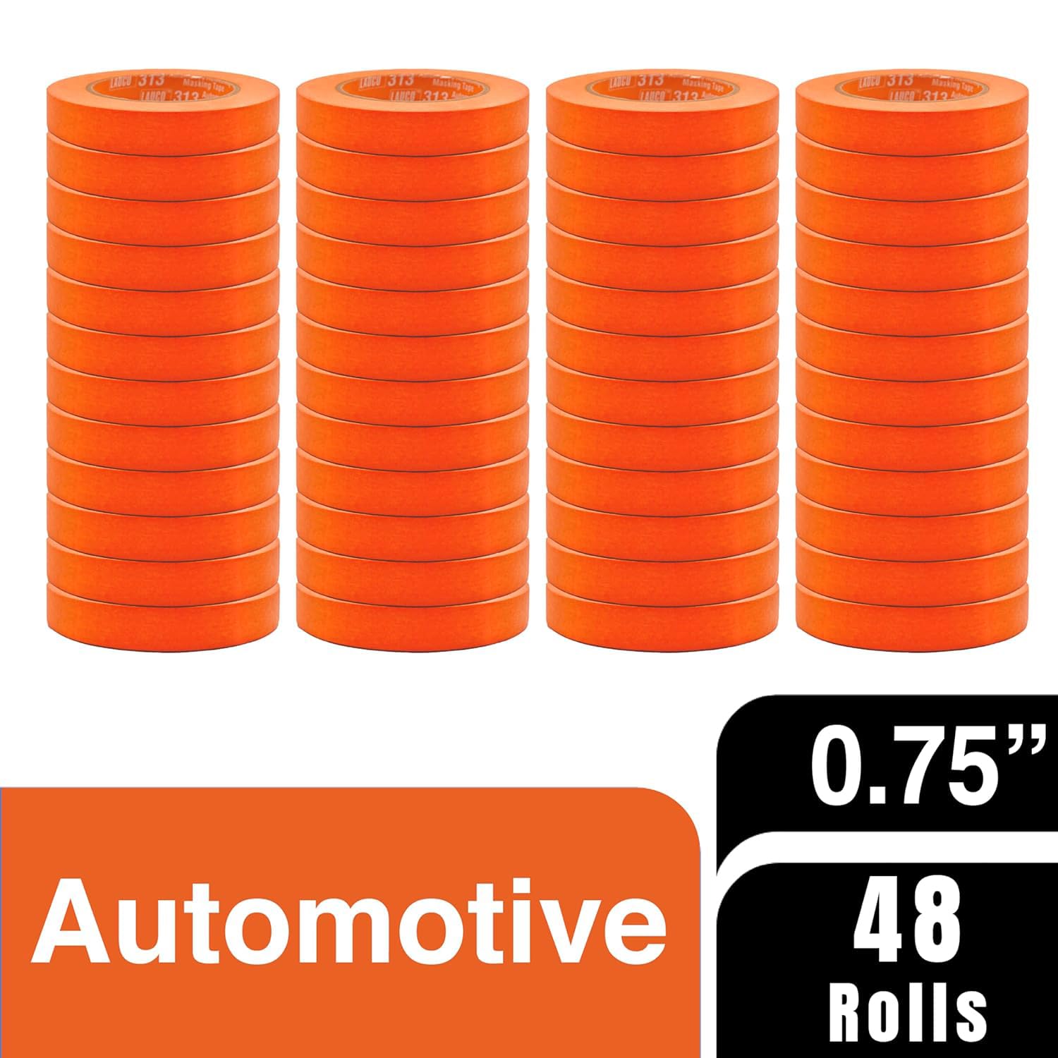 LAUCO Orange Automotive Refinishing Masking Tape 0.75 in x 60 yd (48 Rolls) – Autobody Painters Tape, UV, Moisture & Heat Resistant, No Residue, Multi-Purpose Bulk