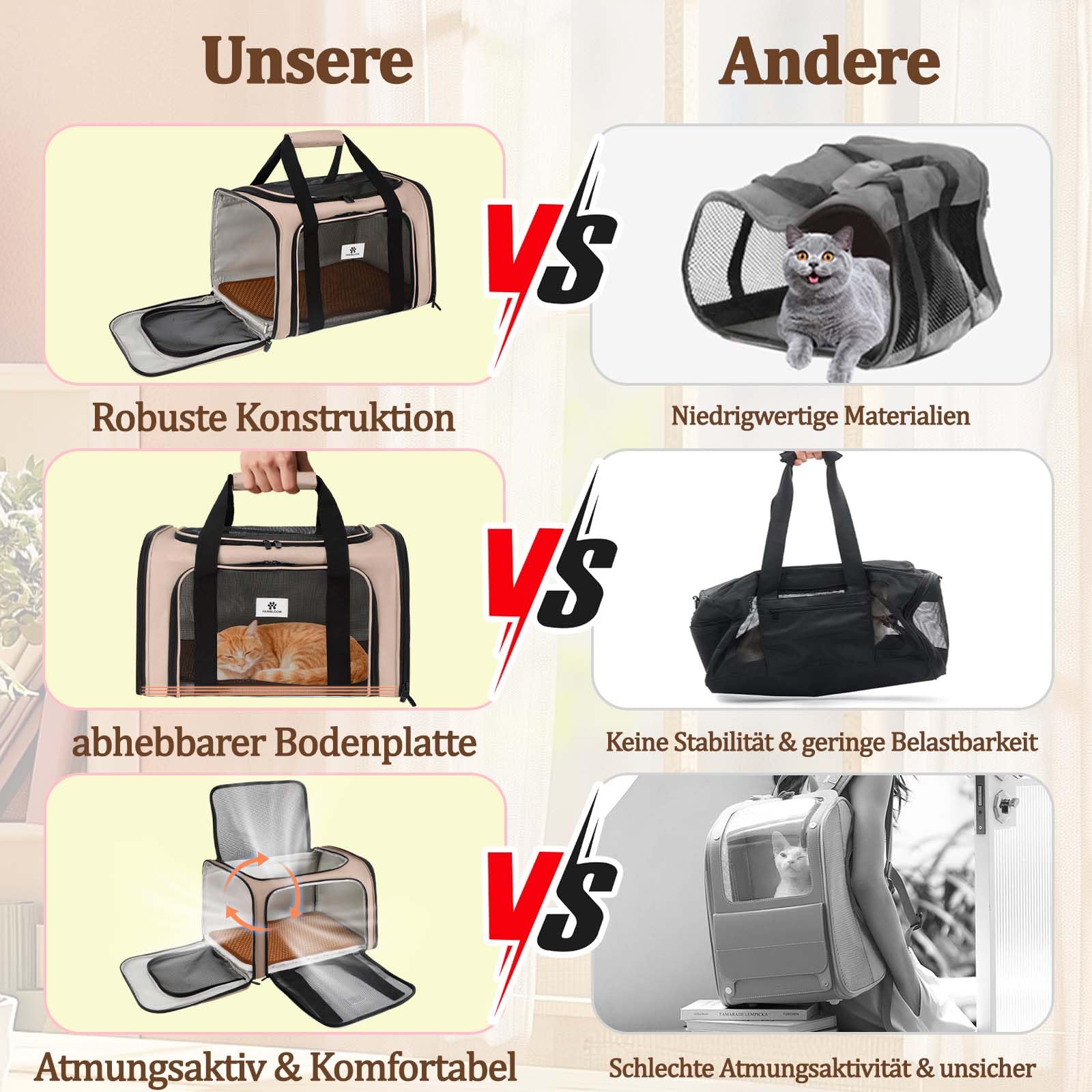 Katzentransportbox, Faltbare Transportbox Katzen und Hunde mit Plüsch-Einlage und Kühlmatte aus Strohgeflecht – für alle Jahreszeiten geeignet, Ideal für Der Gang zum Tierarzt Auto Fugzeug