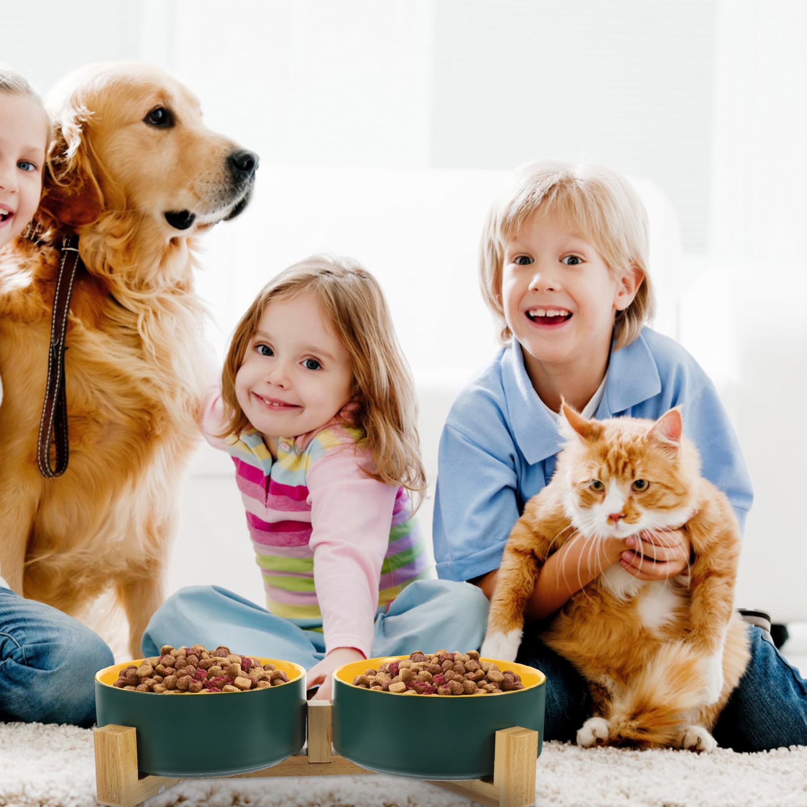 Abaodam Gamelle Double en Céramique Mate avec Support en Bois, Bol Pratique pour Chat et Chien, Anti-Renversement et Facile à Laver pour Toute Occasion