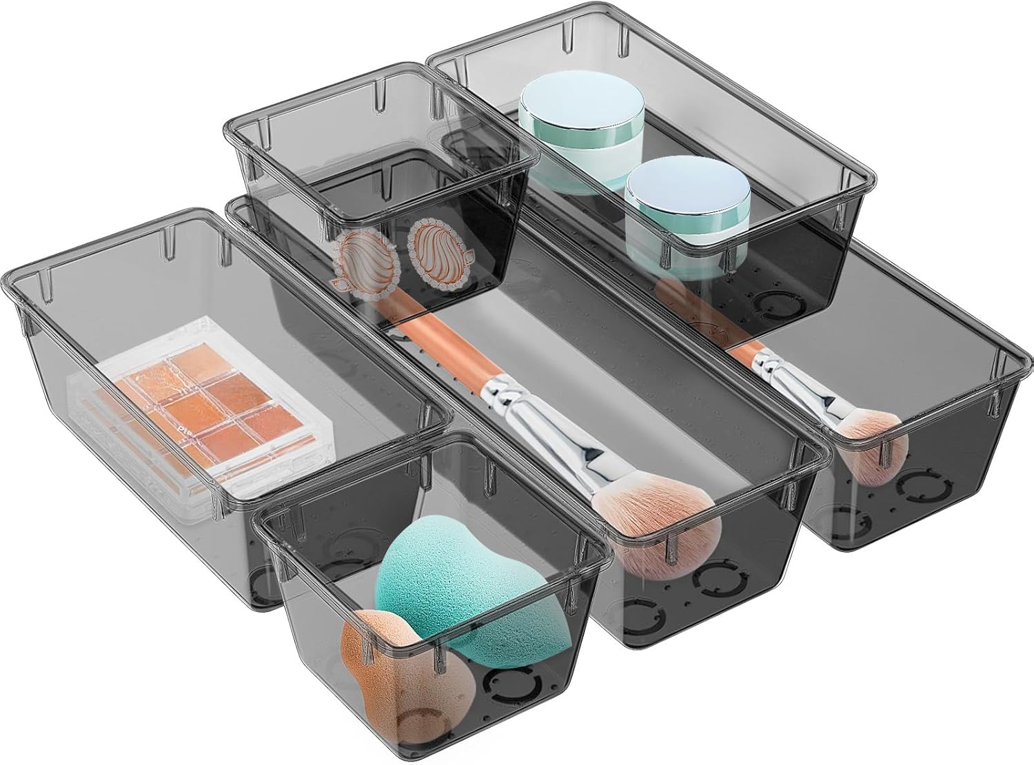WOWBOX 6 PCS Clear Plastic Drawer Organizer Set, Desk Drawer Divider Organizers and Storage Bins for Makeup, Jewelry, Gadgets for Kitchen, Bedroom, Bathroom, Office, Black