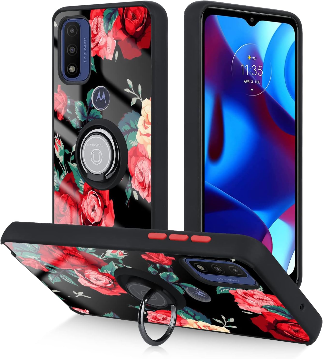 KANGHAR for Motorola Moto G Pure Case with Stand, Heavy Duty Protective Silicone Bumper, 360 Degree Ring Kickstand Work with Magnetic Car Mount Military Grade Shockproof Phone Cover (Red Rose)