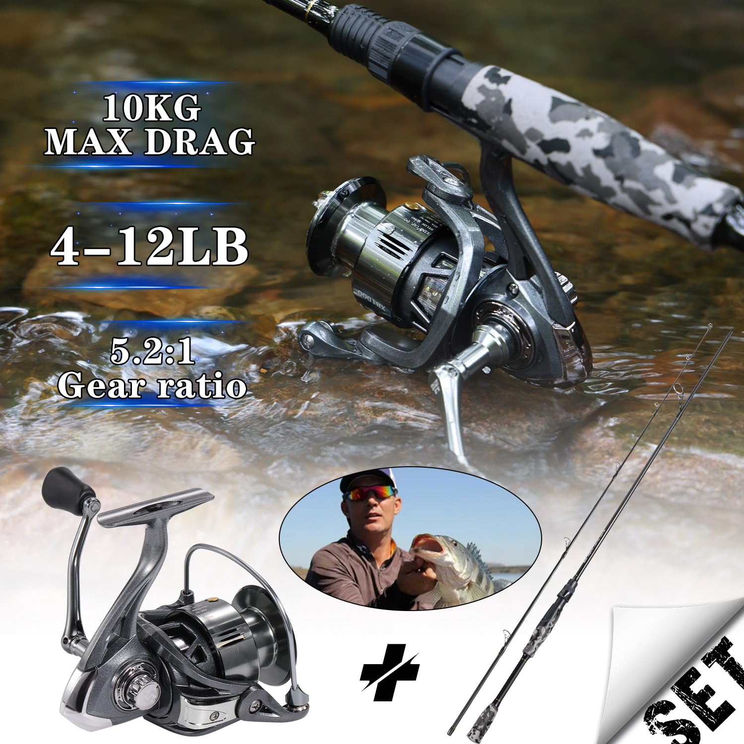 Sougayilang MX-1 Spinnrute und Rollen-Kombination, 2-Sektionen Spinnrute mit 11+1BB Spinnrolle Angelset, für Seebarsch, Barsch, Seelachs, Lippfisch Angelgerät