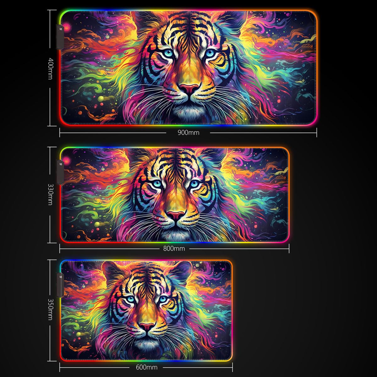 Tappetino per mouse da gaming, motivo: tigre fantasy, ROG, lungo, estendibile, LED, grande, 60 x 35 x 0,3 cm, con bordo cucito, base in gomma antiscivolo, lavabile