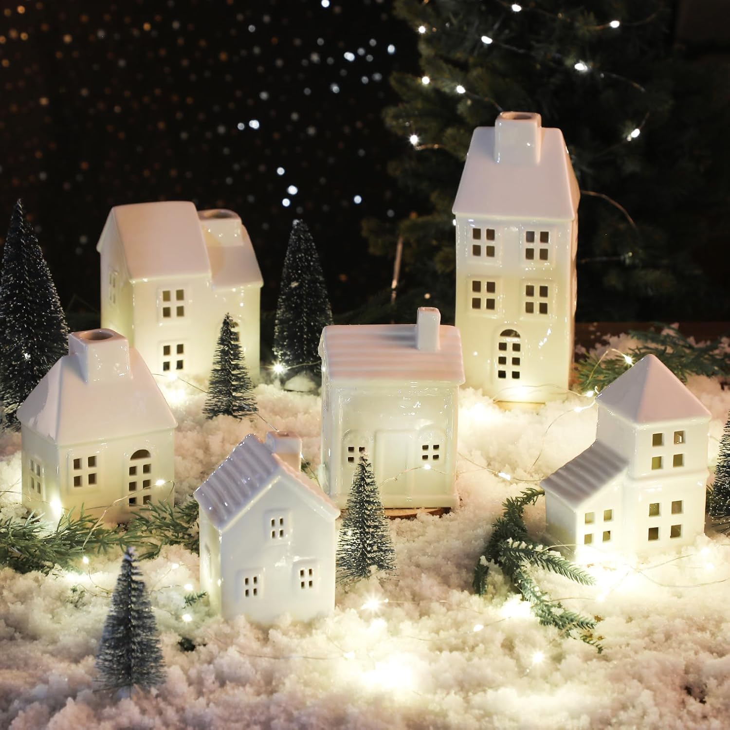 16 Pcs Ceramic Christmas Village Sets Include 6 White Porcelain Village Town Houses 9 Christmas Trees and 50 LED Light with Remote Control for Xmas Scene Holiday Mantle Desktop Decoration
