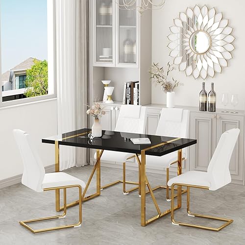 Miniatura 32 de Juego de mesa de comedor moderno de 55 pulgadas para 6, superficie de mesa blanca y estructura de metal plateado, mesa rectangular para comedor