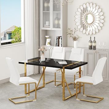 55" Black Dining Table Set for 4, Modern Dining Table Set for 4, White Glossy Tabletop with Golden Metal Leg, 5 Piece Dinning Set with Faux Leather Chairs Ideal for Kitchen, Dining Room, Small Space