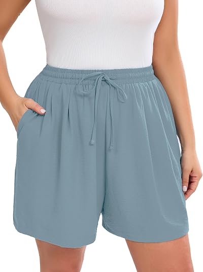 AusLook Plus Casual Shorts for Women Wide Leg Drawstring High Waisted Shorts with Pockets Summer 2026 Vacation Lounge Outfit