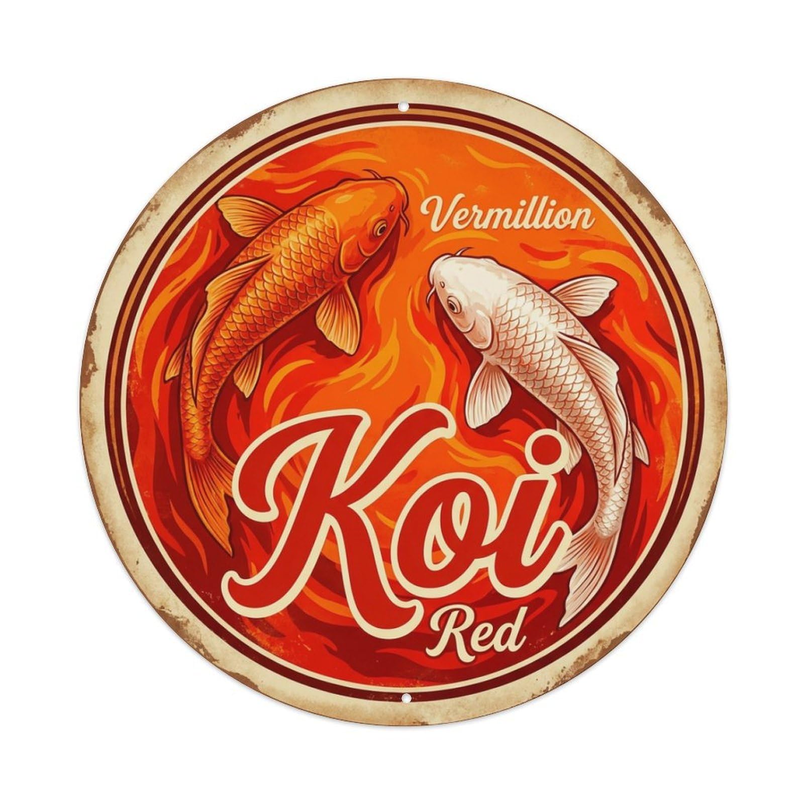 Koi Fish Vermillion Red Waters Bright Orange Fiery Bold Metal Tin Sign