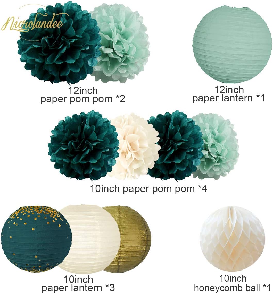 NICROLANDEE Wedding Party Decorations - 12PCS Green Hanging Tissue Pom Poms Gold Foil Dots Paper Lantern Confetti 30G for Rustic Style Bridal Shower Birthday Botanical Baby Shower Decorations: Toys & Games