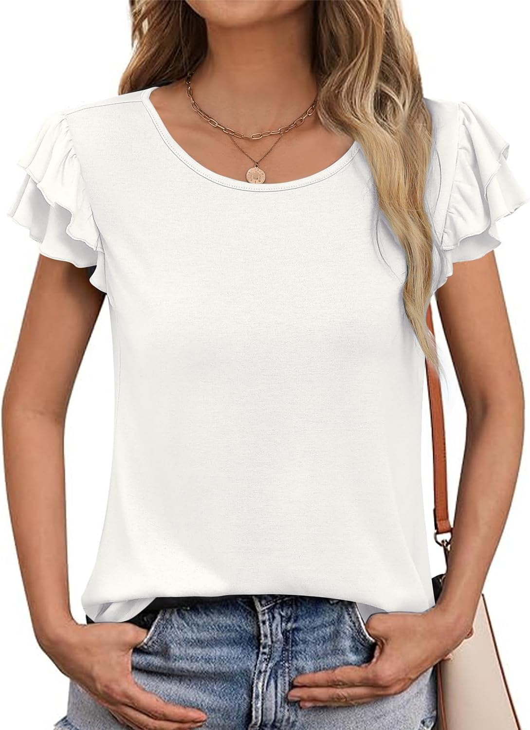 NORACORA Womens Ruffle Short Sleeve Summer Tops Cute Crew Neck Bacis T Shirts Casual Blouses - Image 5