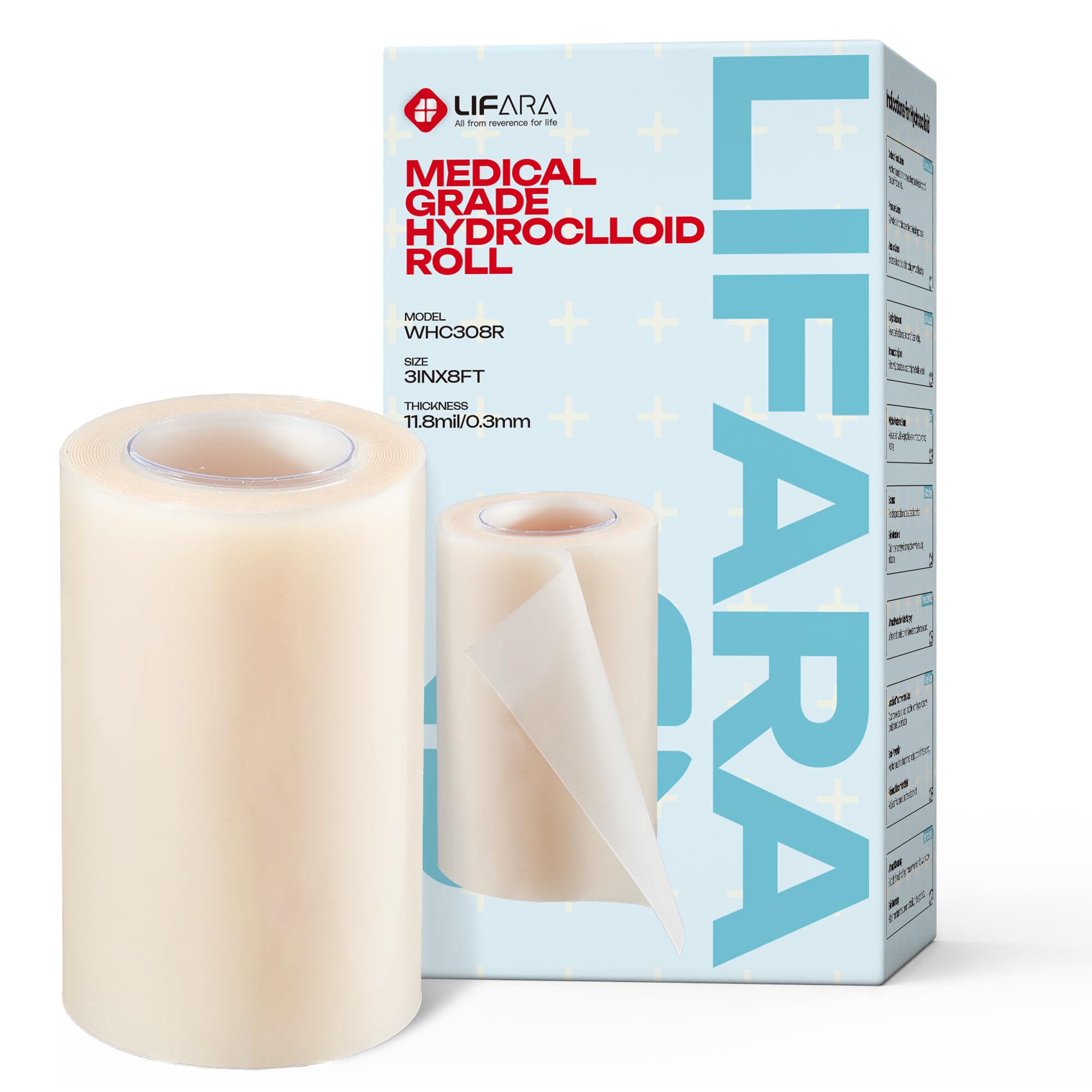 LIFARA Hydrocolloid Roll for Wound Care - Cut-to-Size, Extra Large Hydrocolloid Patch Bandages with Self-Adhesive, Waterproof, First Aid Kit Essential (3in*8ft, 11.8mils/ 0.3mm Thickness)