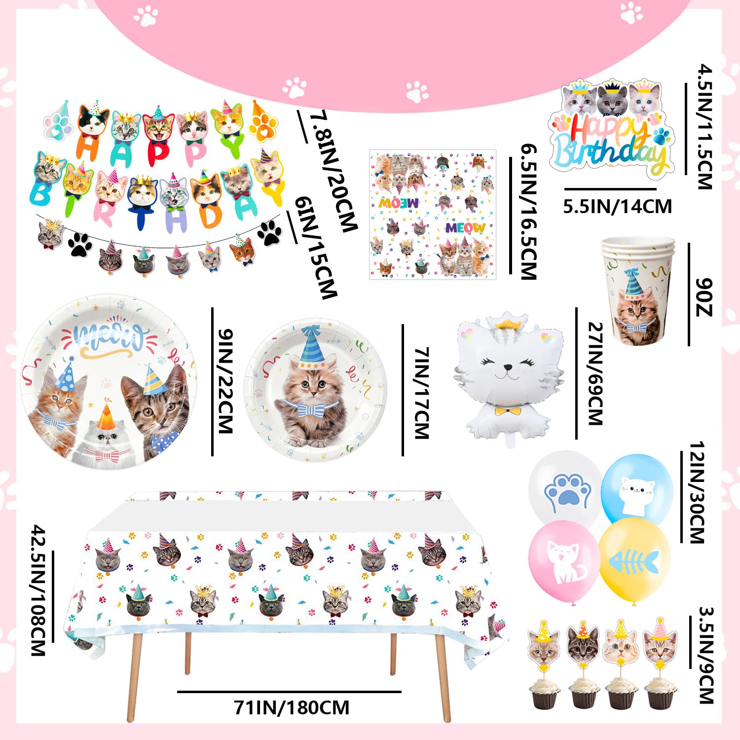 Decorazioni per Feste di Gatti,93 Pezzi Set Stoviglie & Decorazioni Gatti Compleanno Kit-Striscione Compleanno Gatto Piatti Tovaglioli Tovaglia etc Forniture per Feste di Compleanno di Gatti