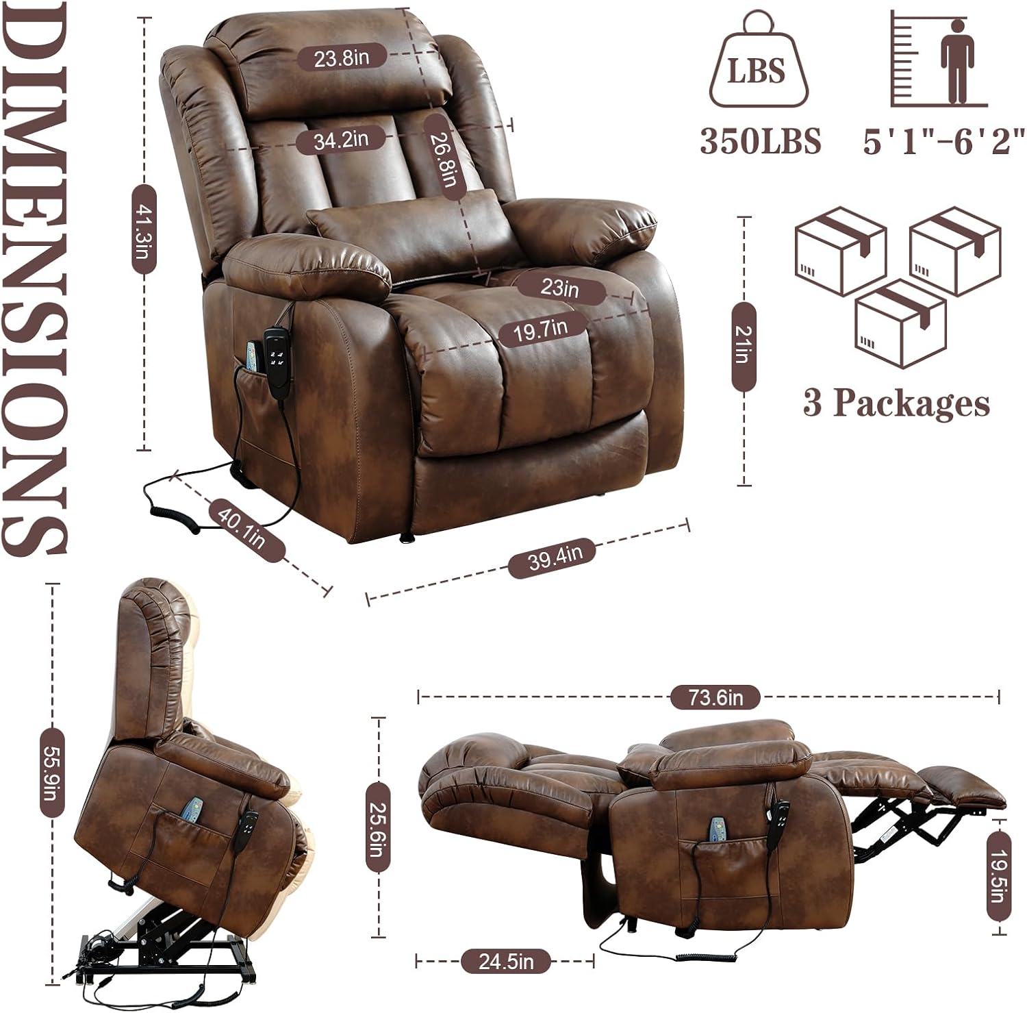 Infinite Position Lay Flat Lift Recliner Chair for Adults, Dual Motor Power Lift Chair for Elderly with Massage & Heating, Extended Footrest, USB Ports, Remote Control & Lumbar Pillow, Leather (Ochre)