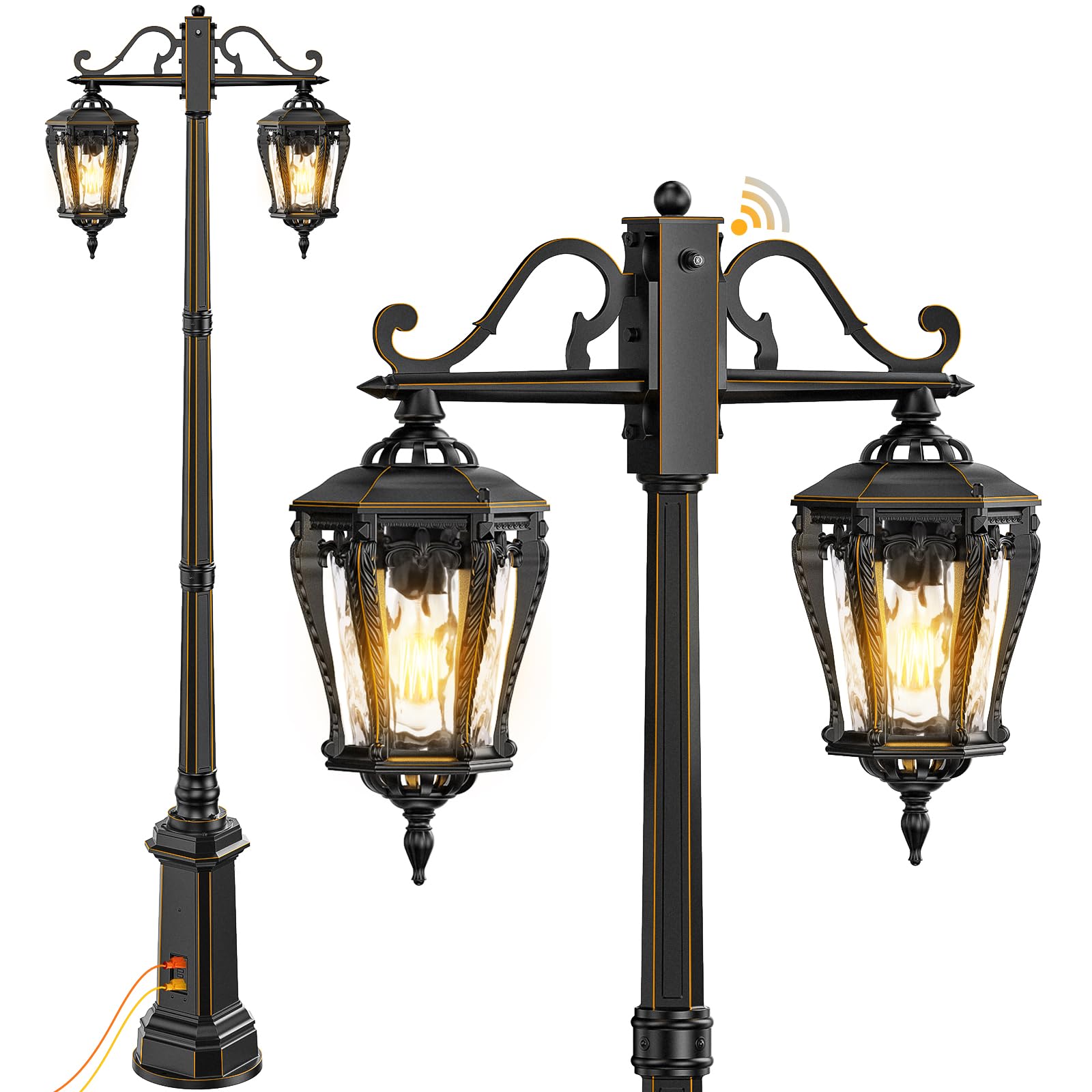 VDKK Outdoor Lamp Post Light with GFCI Outlet,Double-Head Pole Light Fixture with Dusk to Dawn Sensor,Aluminum Exterior Black Street Lighting,Waterproof Led Lantern for Garden,Patio,Pathway Dcor