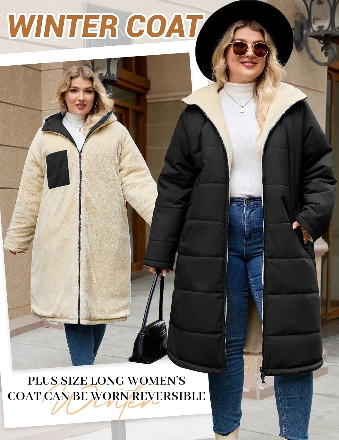 Women's Winter Coats Plus Size Reversible Fleece Jackets Hooded Lightweight Oversized Long Down Coat for Commute Travel - Image 3
