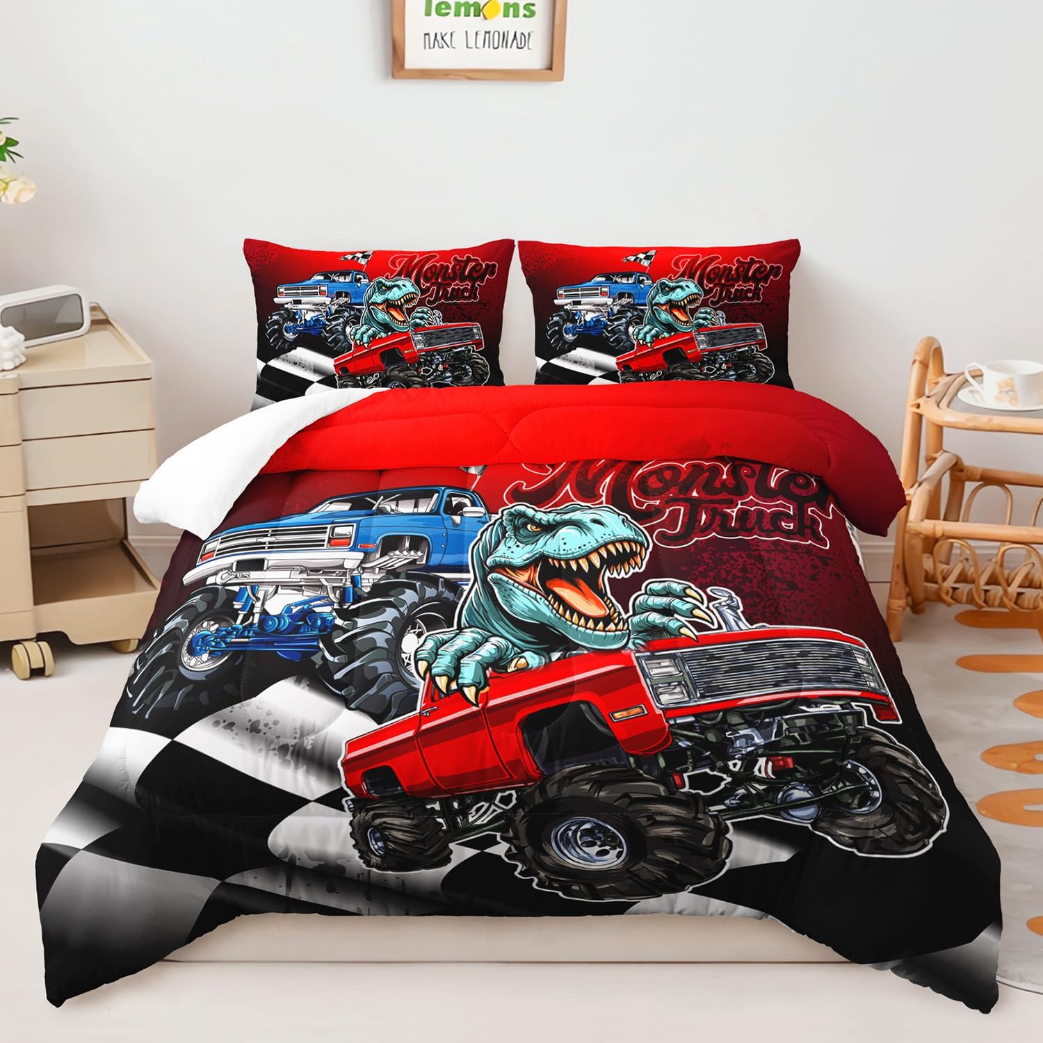 AILONEN Monster Trucks Comforter Set,Dinosaur Red Blue Truck Bedding Set for Kids Boys Full Size,Black and White Grid Pattern Duvet Set,1 Quilt 2 Pillowcases,3-Piece,Soft Microfibre
