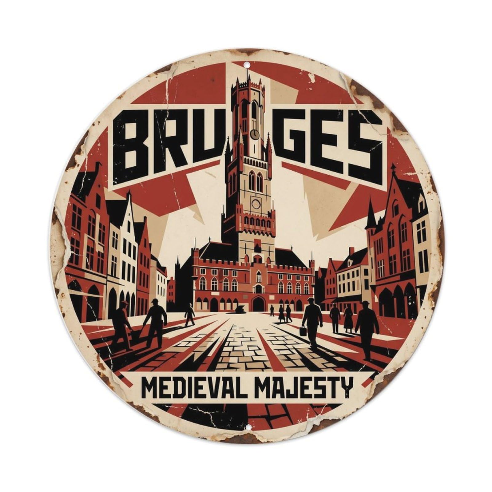 Vintage Travel Bruges Belltower Gothic Metal Tin Sign Plaque Wall Decor for Cafe, Club, Garden Round Metal Poster 8x8Inch