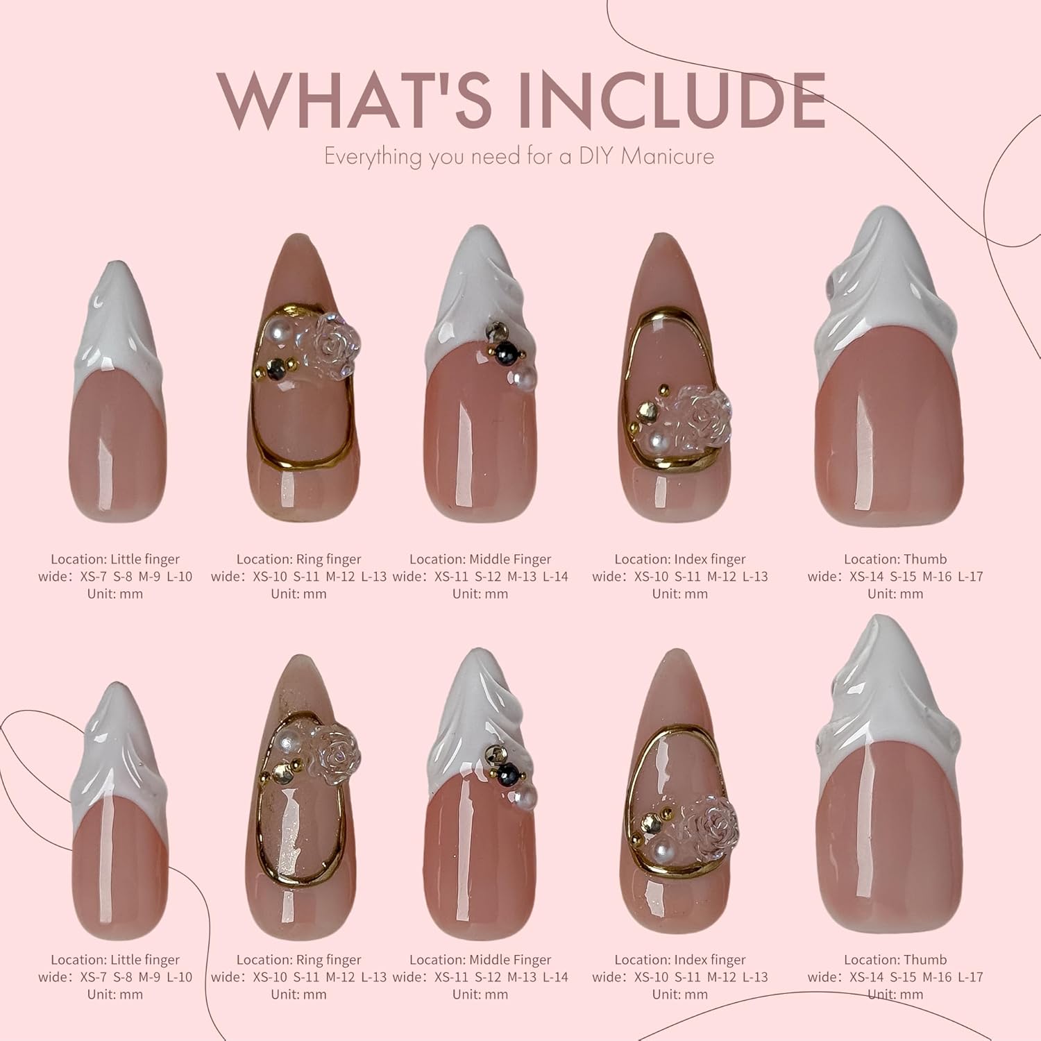 Sculpted Bloom Nude & White Elegant Press-On Nails, Gold Frame 3D Floral Luxury Bridal Nails for Wedding, 25mm Acrylic/UV Gel Classy Minimalist Nail Art (light pink, L)