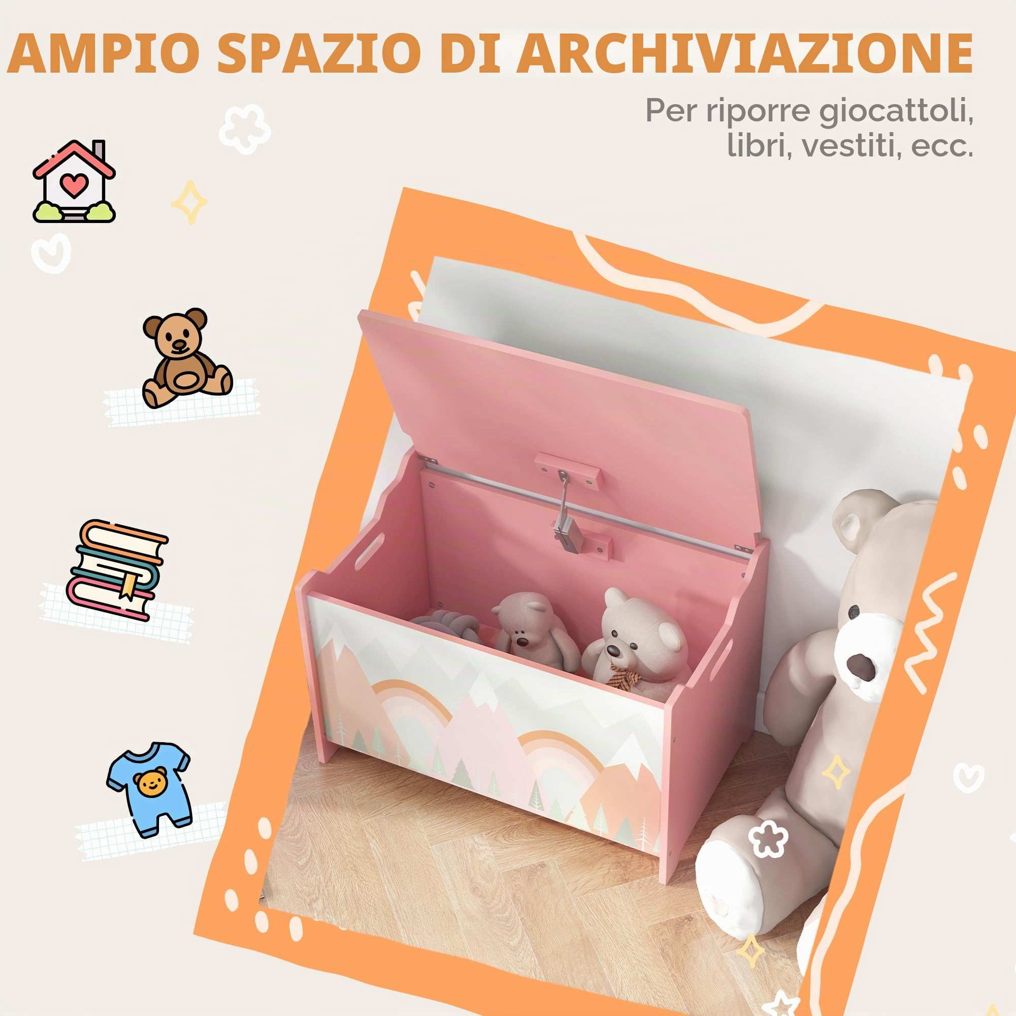 ZONEKIZ Baule giocattoli con coperchio a ribalta 60x37x39cm Rosa