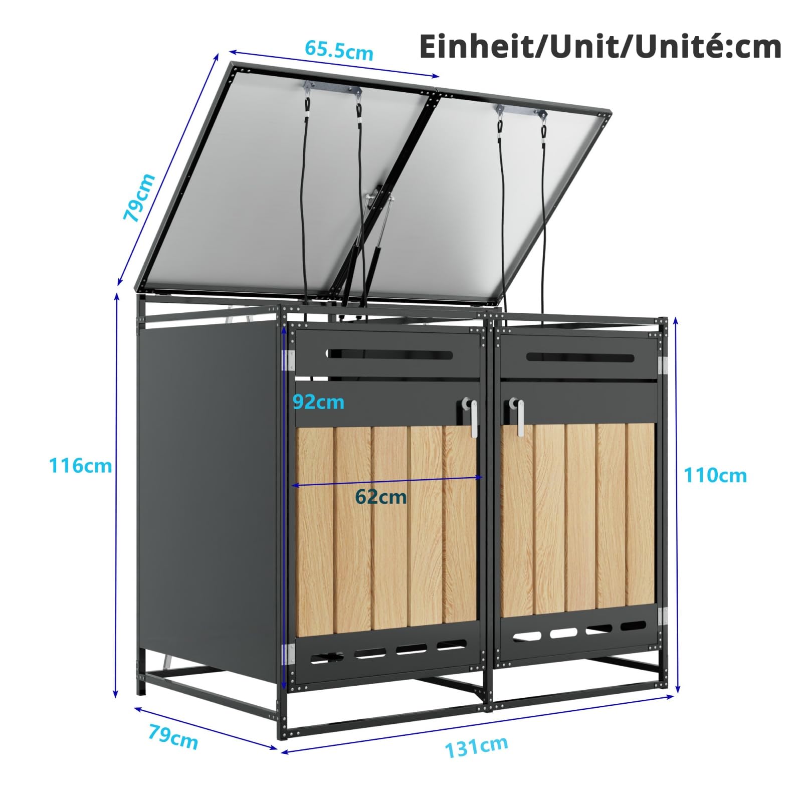 Abri pour poubelles avec Couvercle hydraulique, Habillage Vertical Aspect Bois, aération à Fentes oblongues, Armoire de Rangement de Jardin en Fer avec Serrure (1)