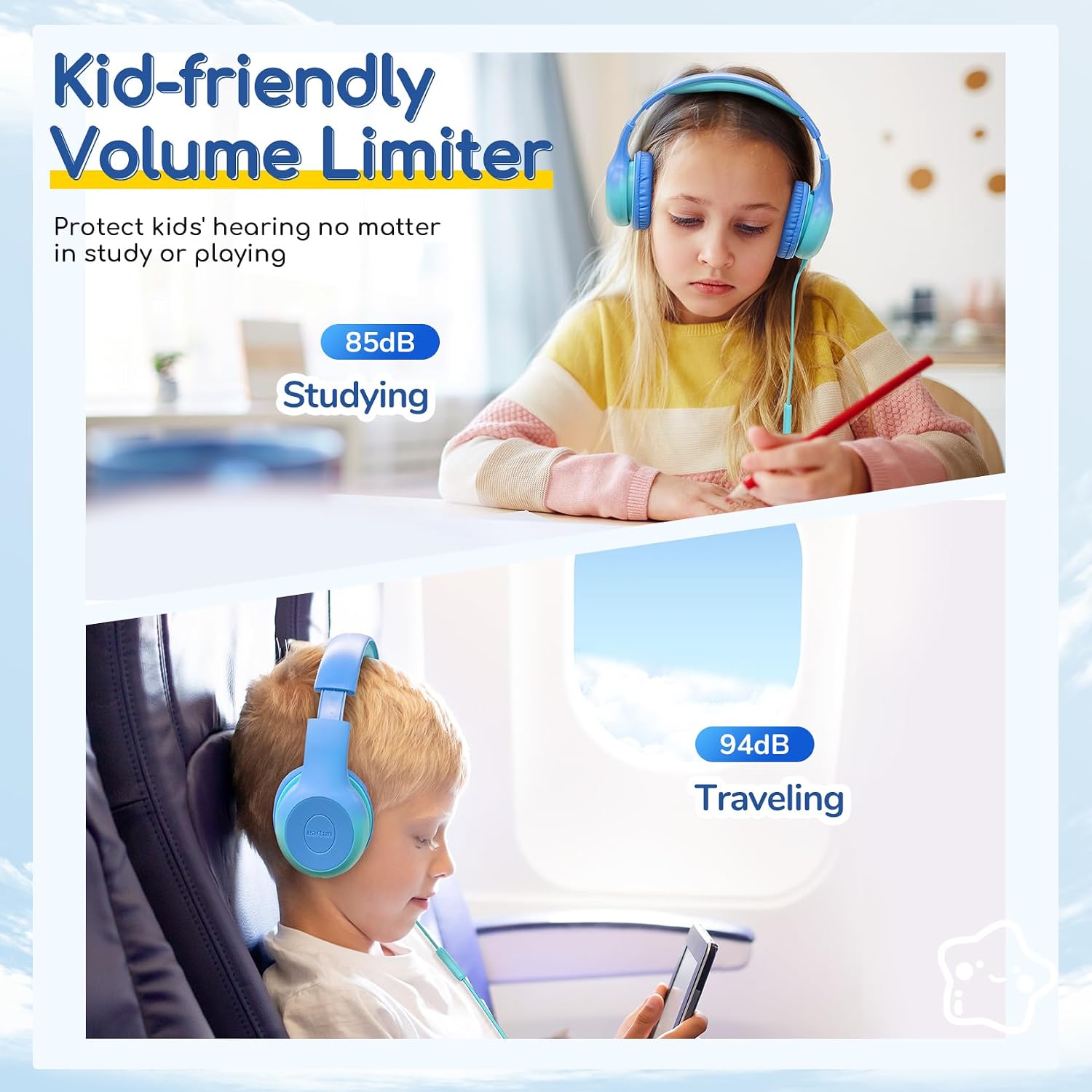 EarFun Kids Headphones Wired with Microphone, USB Type C Headphones for Kids, 85/94dB Volume Limit, Portable Wired Headphone with Shareport, Stereo Sound Foldable Headset for School/Tablet/PC, Cyan