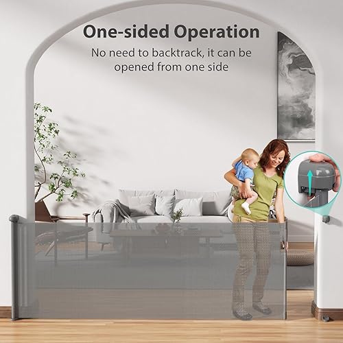Miniatura 4 de Puerta retráctil para bebé, extra ancha de 100 pulgadas, operación de un lado, puerta de malla extra larga para aberturas grandes con bloqueo