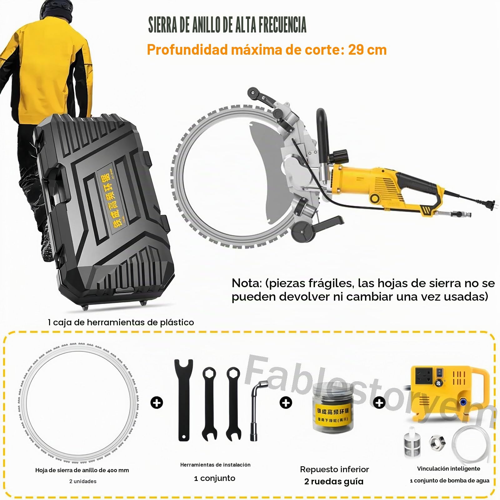 Sierra Eléctrica Toroidal para Hormigón de 40 CM con Caja de Herramientas, Máquina Cortadora y Ranuradora de Paredes Eléctrica de 8000 W, para Granito, Piedra, Ladrillo, Mármol, Hormigón,2xBlades